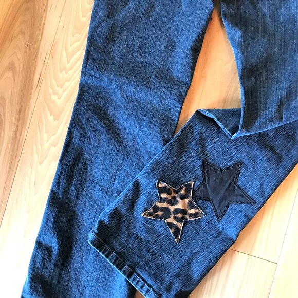 Patchwork Jeans, Size 12 Short: Boho Hippie Pants, Leopard Print Stars - Picture 14 of 14